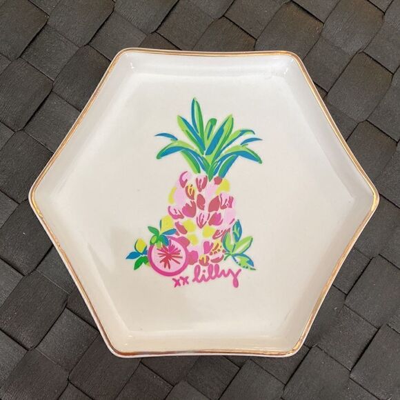 Lilly Pulitzer Ceramic Trinket Tray Pineapple Motif Gold Trim - Picture 2 of 8